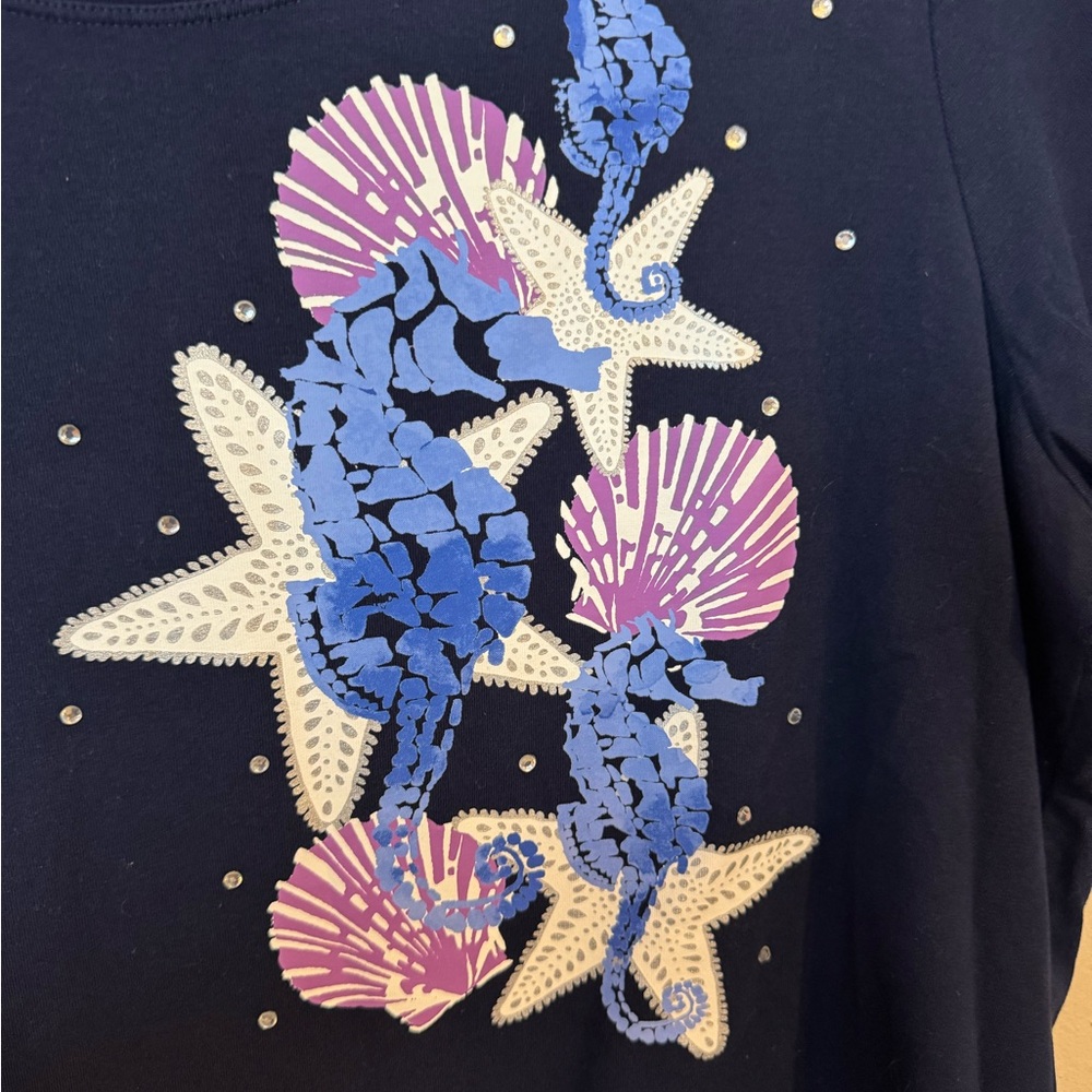 ❤️Kim Rogers Navy Blue Short Sleeve Tee w/SEAHORSE/STARFISH LARGE/PETITE #P - Picture 4 of 6